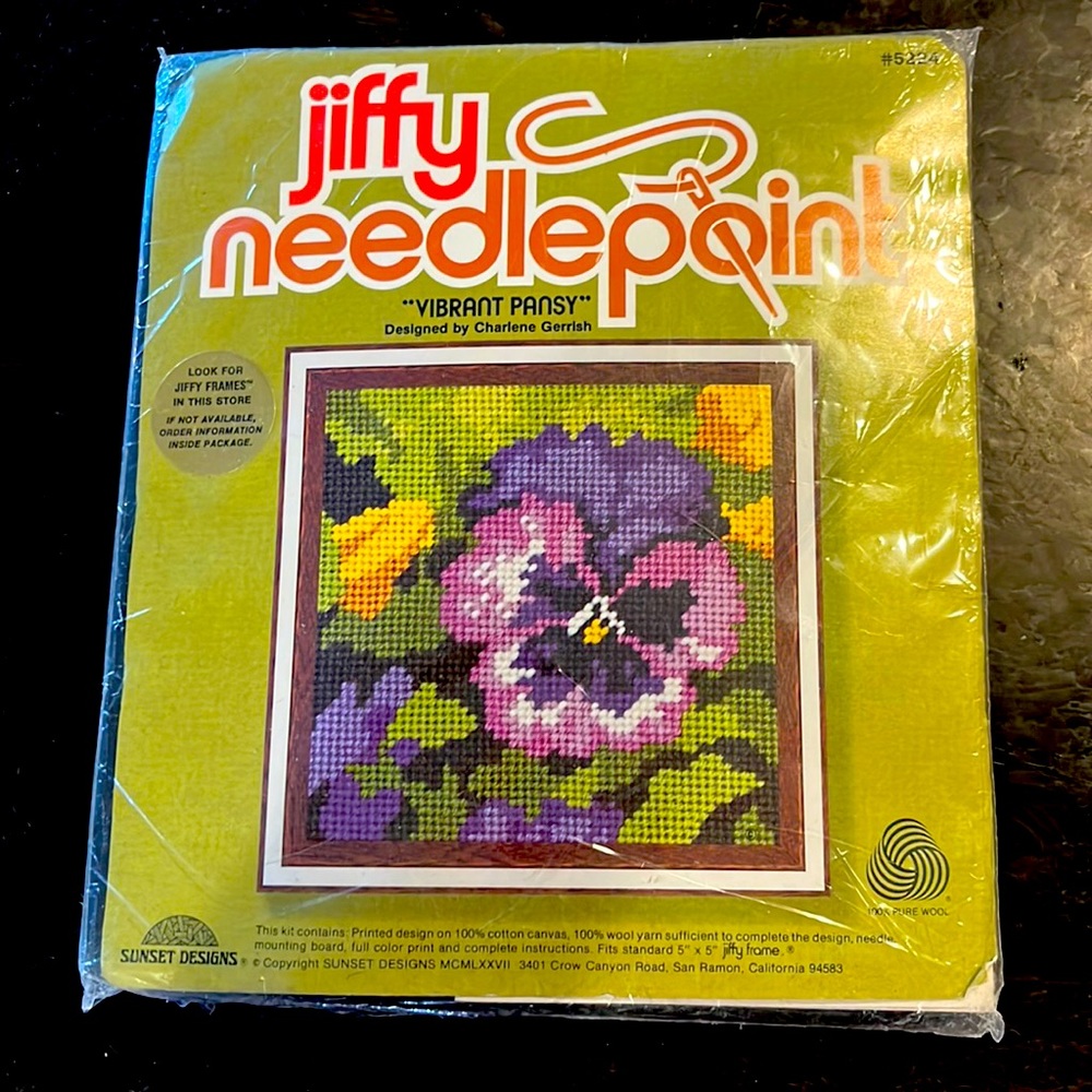 jiffy needlepoint VIBRANT PANSY Needlepoint Kit Sunset Designs #5224 5x5” 1977
